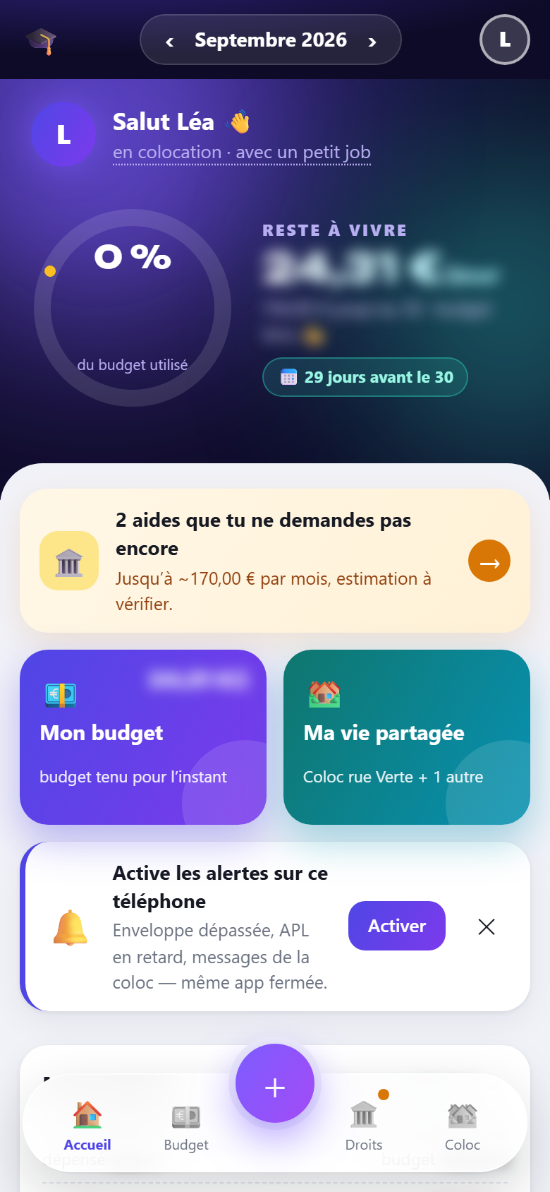 L'accueil de l'application : tableau de bord du budget étudiant