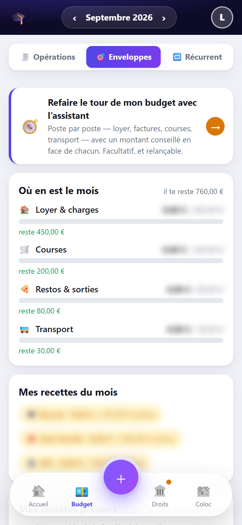 Les enveloppes du budget avec l'état du mois