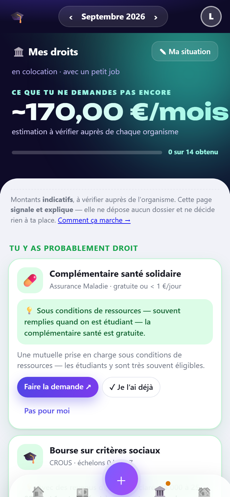 La page Mes droits : estimation mensuelle des aides non demandées