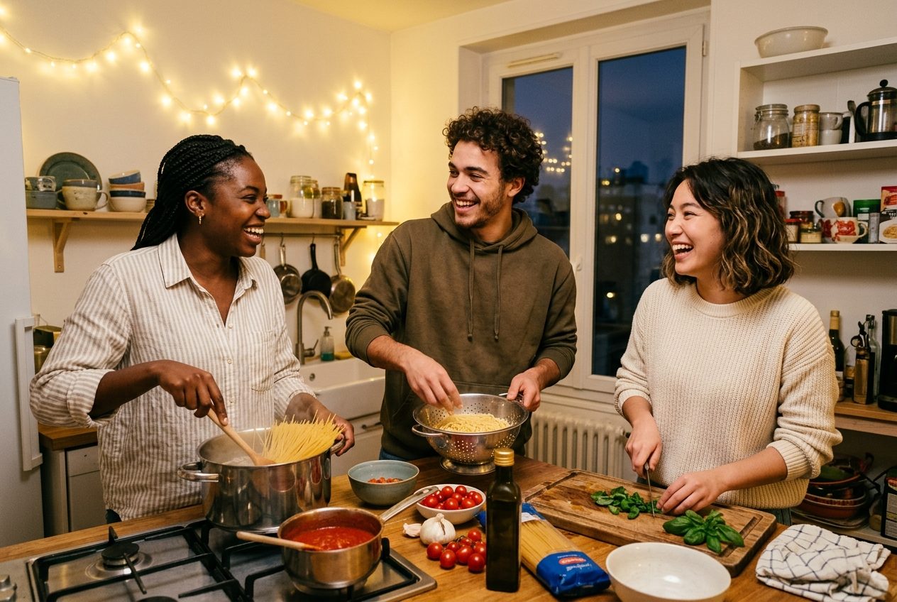 Trois colocataires cuisinent ensemble en riant