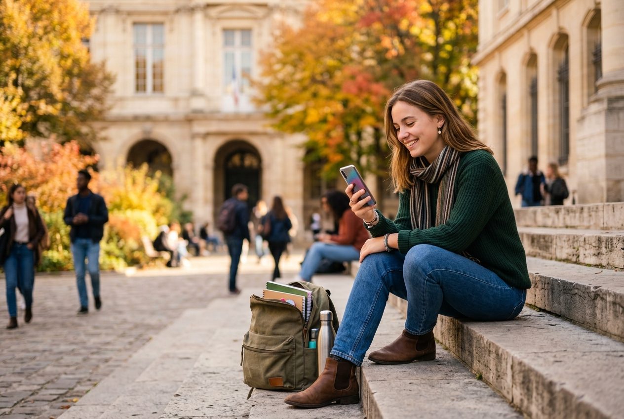 Une étudiante souriante consulte son téléphone sur les marches de son campus