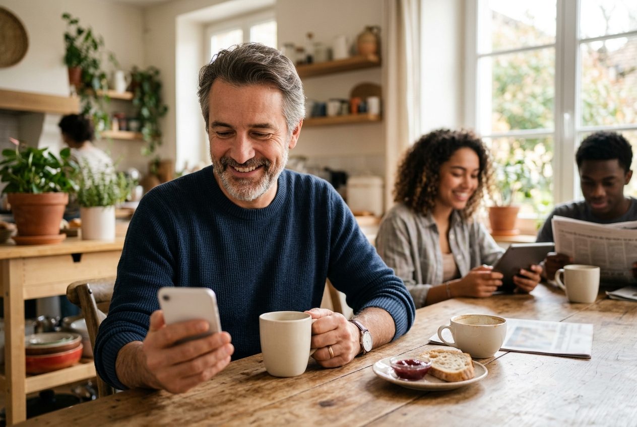 Un parent rassuré consulte son téléphone au petit-déjeuner